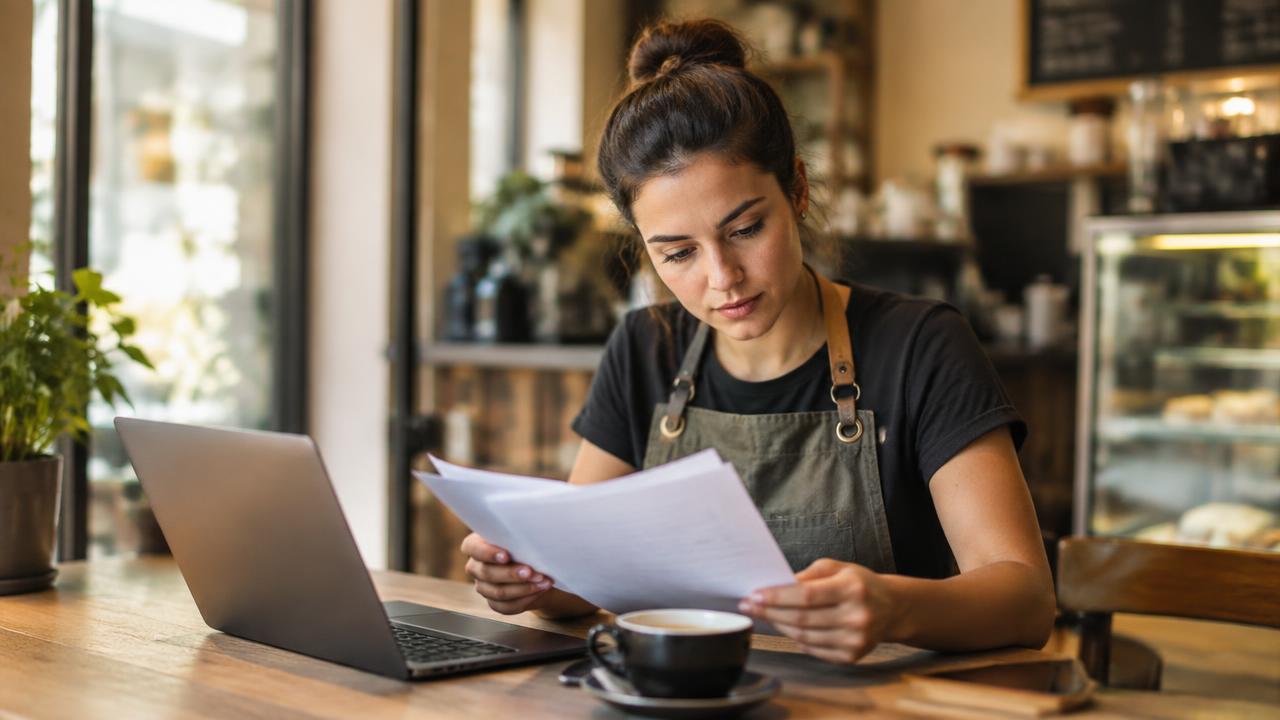 Cafe owner reviewing loan documents beside a laptop